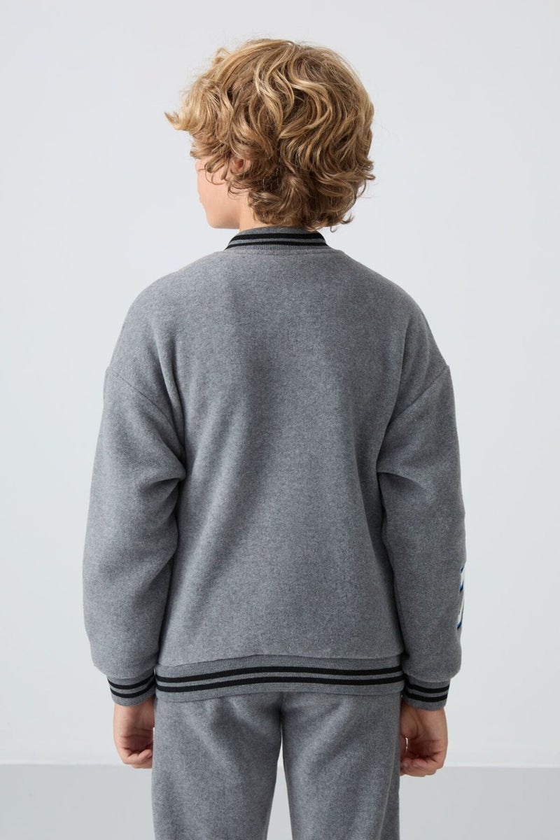 Tommy Life Gray Melange Thick Soft Texture Standard Fit Embroidered Fleece Boys College Jacket - 11227 - Image 5