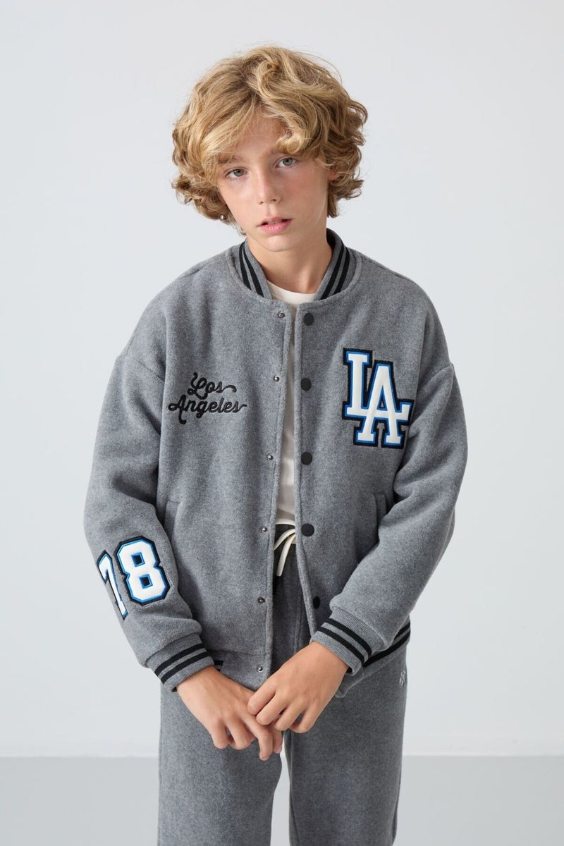 Tommy Life Gray Melange Thick Soft Texture Standard Fit Embroidered Fleece Boys College Jacket - 11227 - Image 3