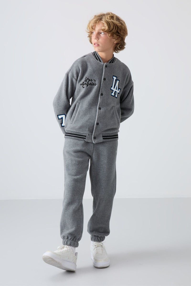 Tommy Life Gray Melange Thick Soft Texture Standard Fit Embroidered Fleece Boys College Jacket - 11227 - Image 4