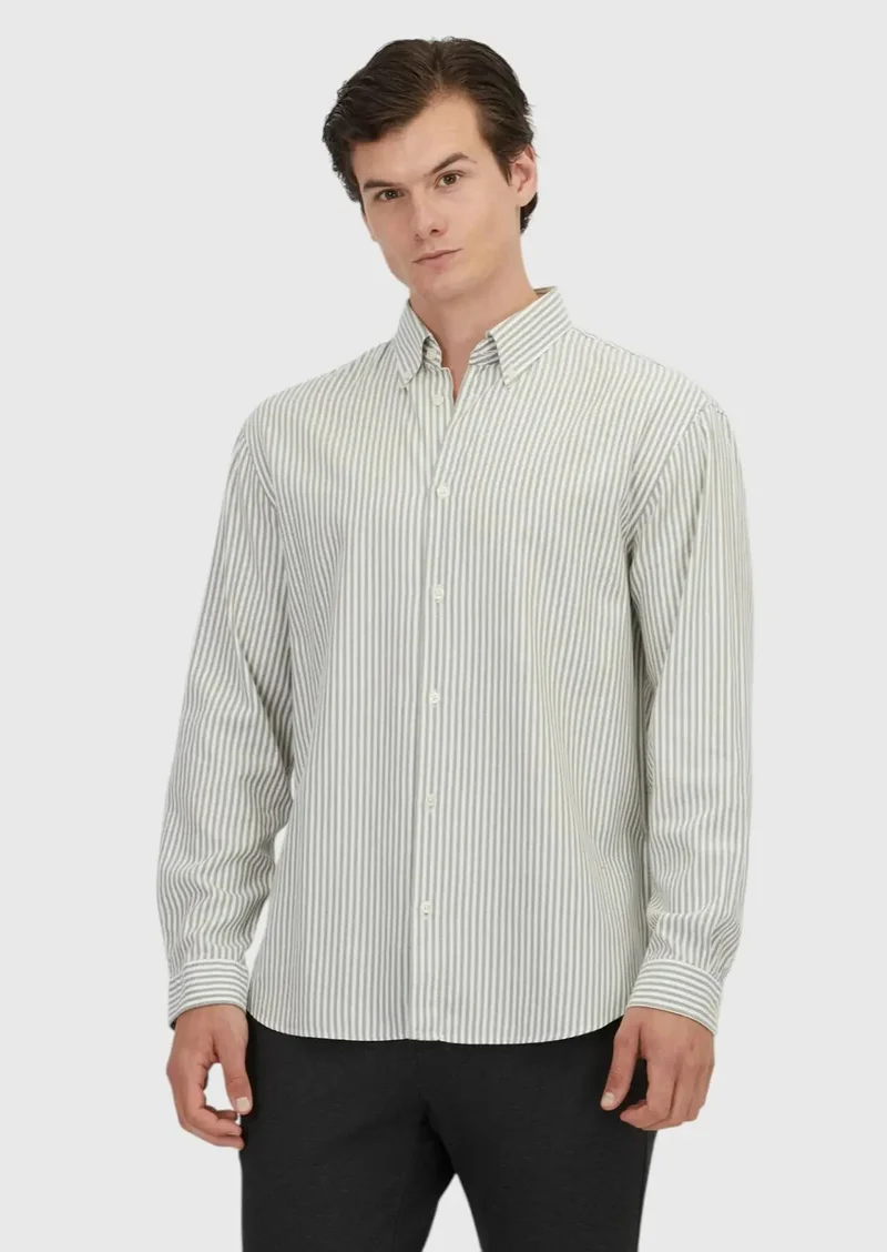 رامسي قميص قطني مخطط باللون الأخضر، فضفاض، منسوج، كاجوال