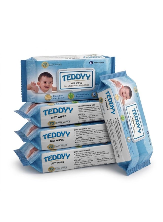 Teddyy Soft Cleansing Baby Wet Wipes with Lid | 360 Wipes | Special Germ Protection | Anti - Rash | Enriched With Aloe Vera and Vitamin E | 72 Wipes x 5 Packs - Image 1