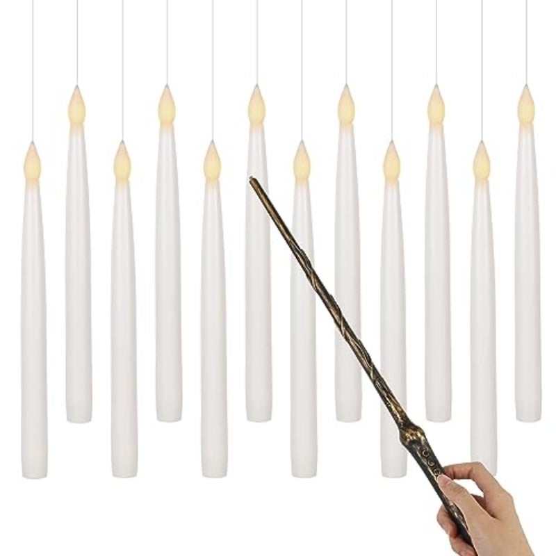 GenSwin 10.8 Flameless Floating Candles Wand Halloween Decorations 6H Timer Battery Operated Hanging Window Candles 12 Sticky Hook Glue Dots 4.9 Ft Fishing Line 12 Pack White - Image 1