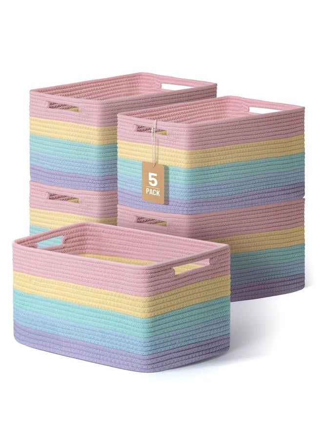 Yilobi 5 Pack Woven Storage Baskets for Shelves Organizing, Decorative Cotton Rope Organization Storage Bins for Toy, Book, Towel, Clothes, Closet, Nursery, Bathroom & Home Decor, Rainbow - Image 1