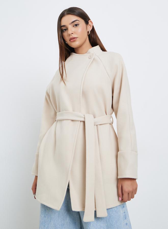 ستايلي معطف متوسط الطول سادة مع حزام قماش - Image 2