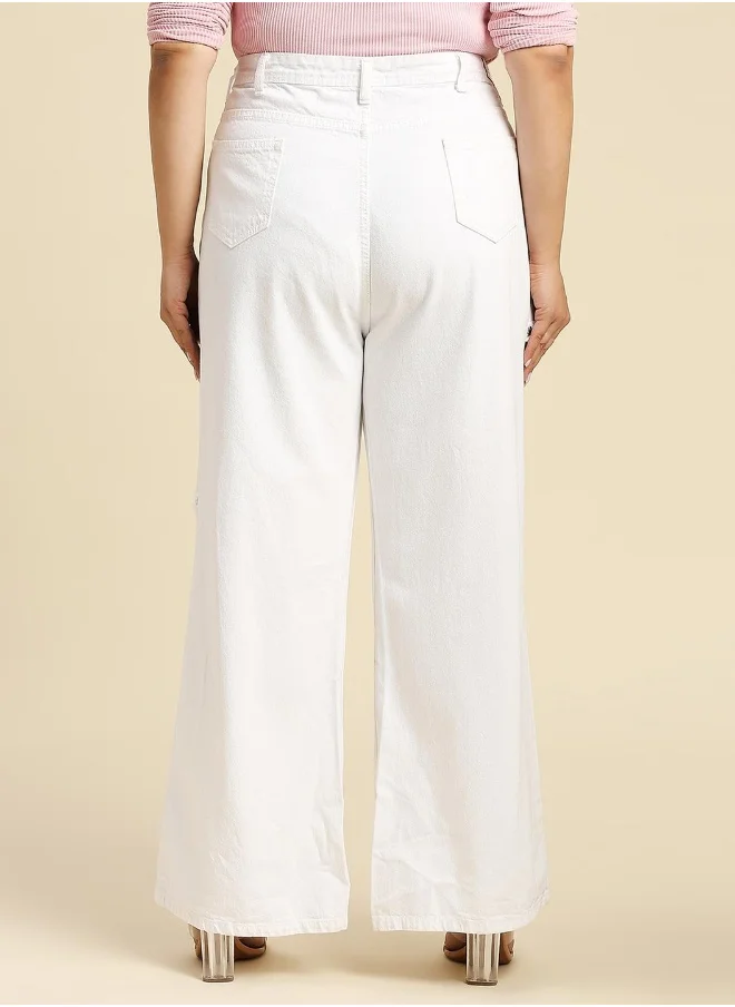 هاي ستار Women's White 100% Cotton Solid Plus Size Jeans