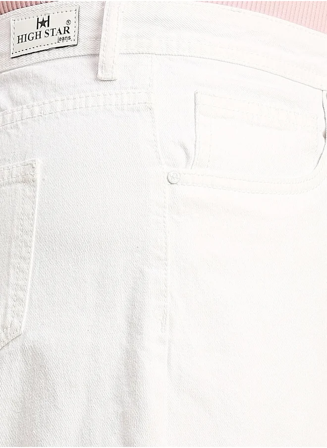 هاي ستار Women's White 100% Cotton Solid Plus Size Jeans
