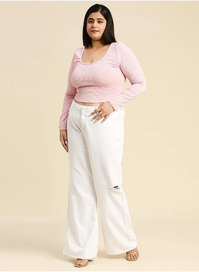 HIGH STAR Women's White 100% Cotton Solid Plus Size Jeans