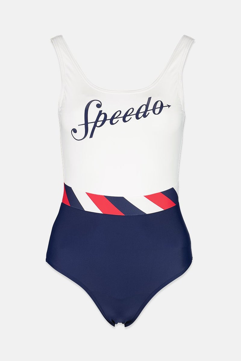 speedo Women One Piece Graphic Print Swimsuit, White and Navy - Image 1