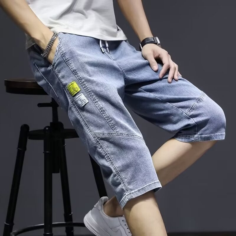 Mens Summer Denim Shorts Summer Thin Loose Straight Korean Casual Capri Pants Blue 