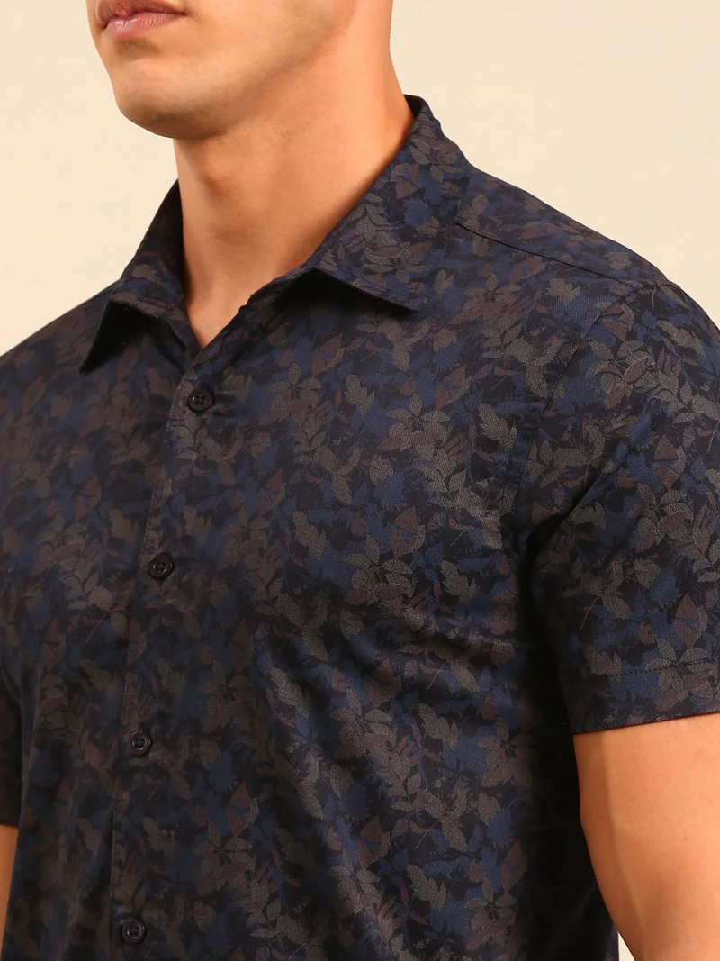 Joven  Navy Blue and Brown Printed Shirt for Men for Men | Best Price UAE