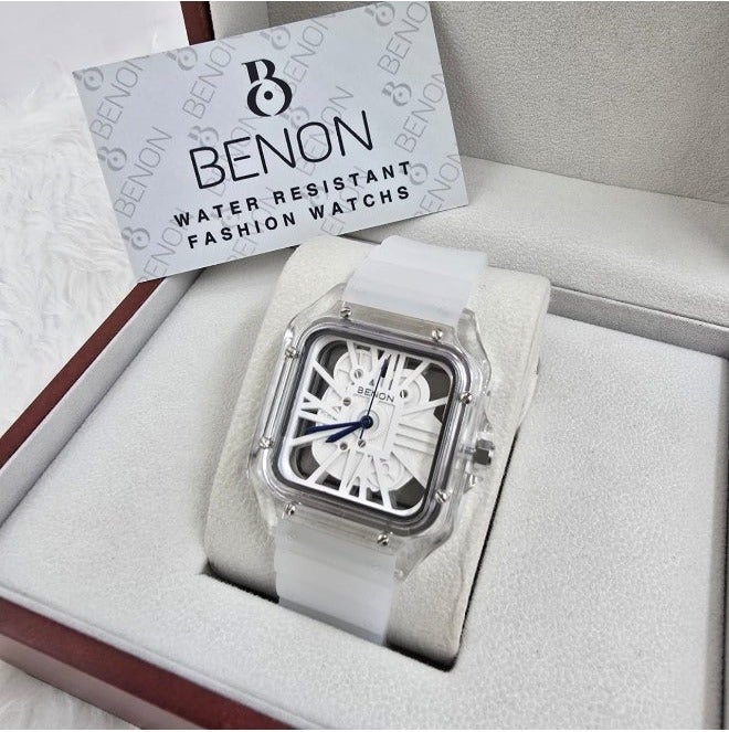 بينون ساعة بينون (Benon) رجالية شفافة بتصميم مربع وسير ربل أبيض - Image 1