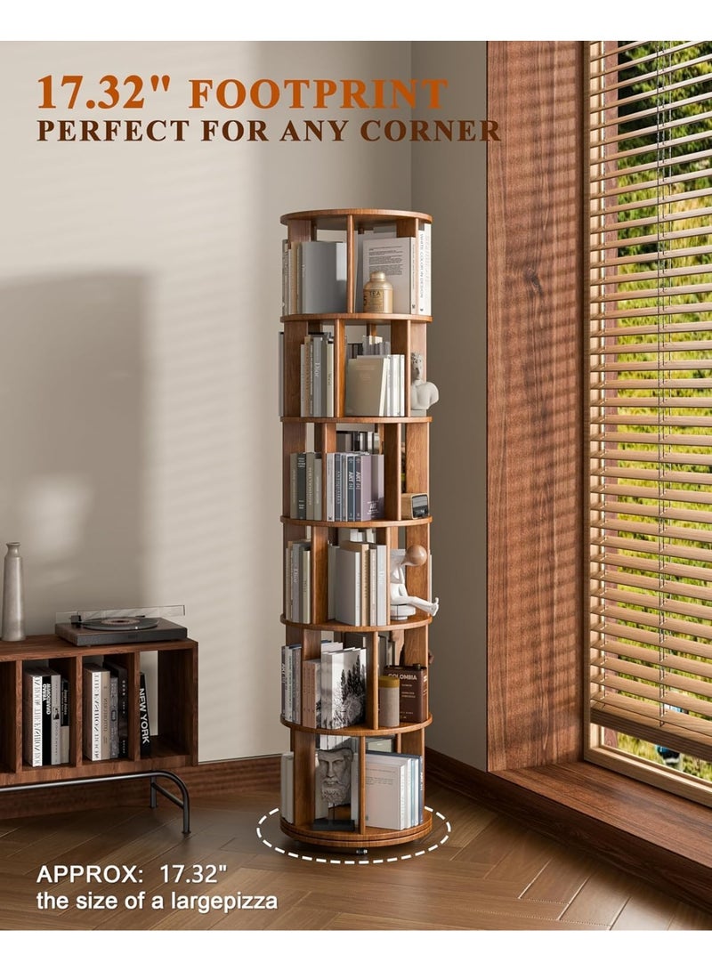 Chulovs 6-Tier Rotating Bookshelf with Wheels - 360° Spinning Tower, Round Revolving Bookcase for Small Spaces, Corners, Bedrooms, Kids Rooms & Offices, Walnut Finish - Image 5