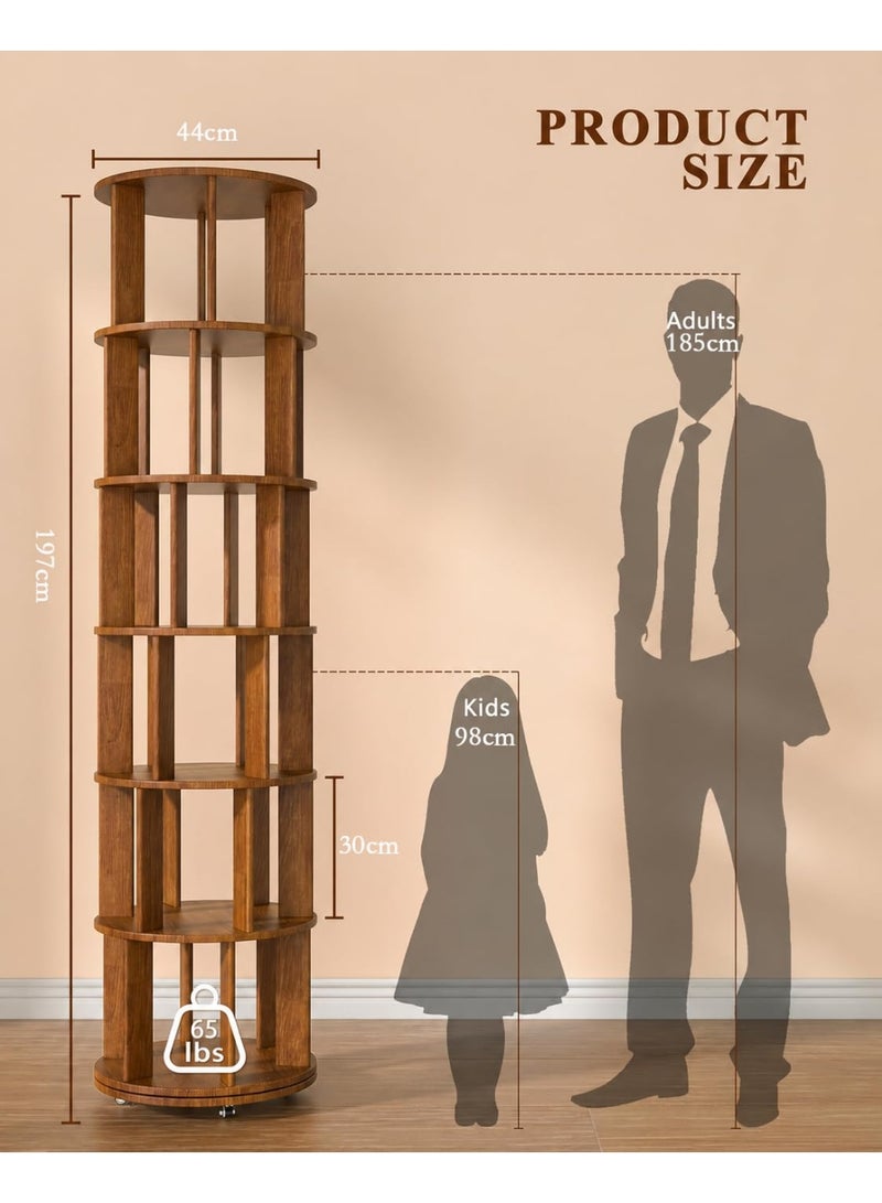 Chulovs 6-Tier Rotating Bookshelf with Wheels - 360° Spinning Tower, Round Revolving Bookcase for Small Spaces, Corners, Bedrooms, Kids Rooms & Offices, Walnut Finish - Image 2