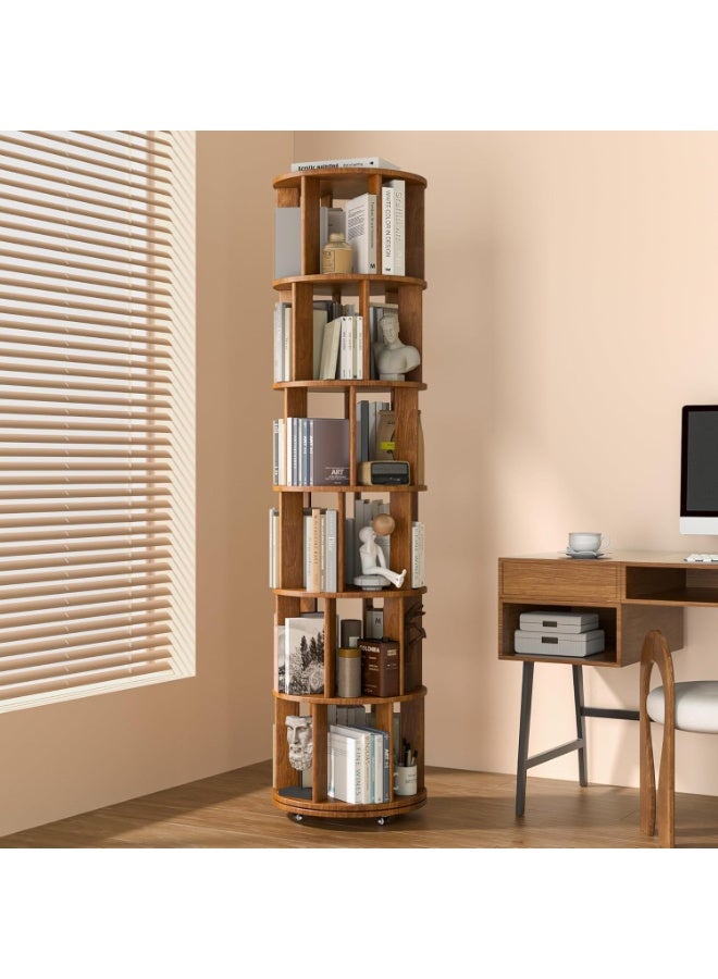 Chulovs 6-Tier Rotating Bookshelf with Wheels - 360° Spinning Tower, Round Revolving Bookcase for Small Spaces, Corners, Bedrooms, Kids Rooms & Offices, Walnut Finish - Image 1