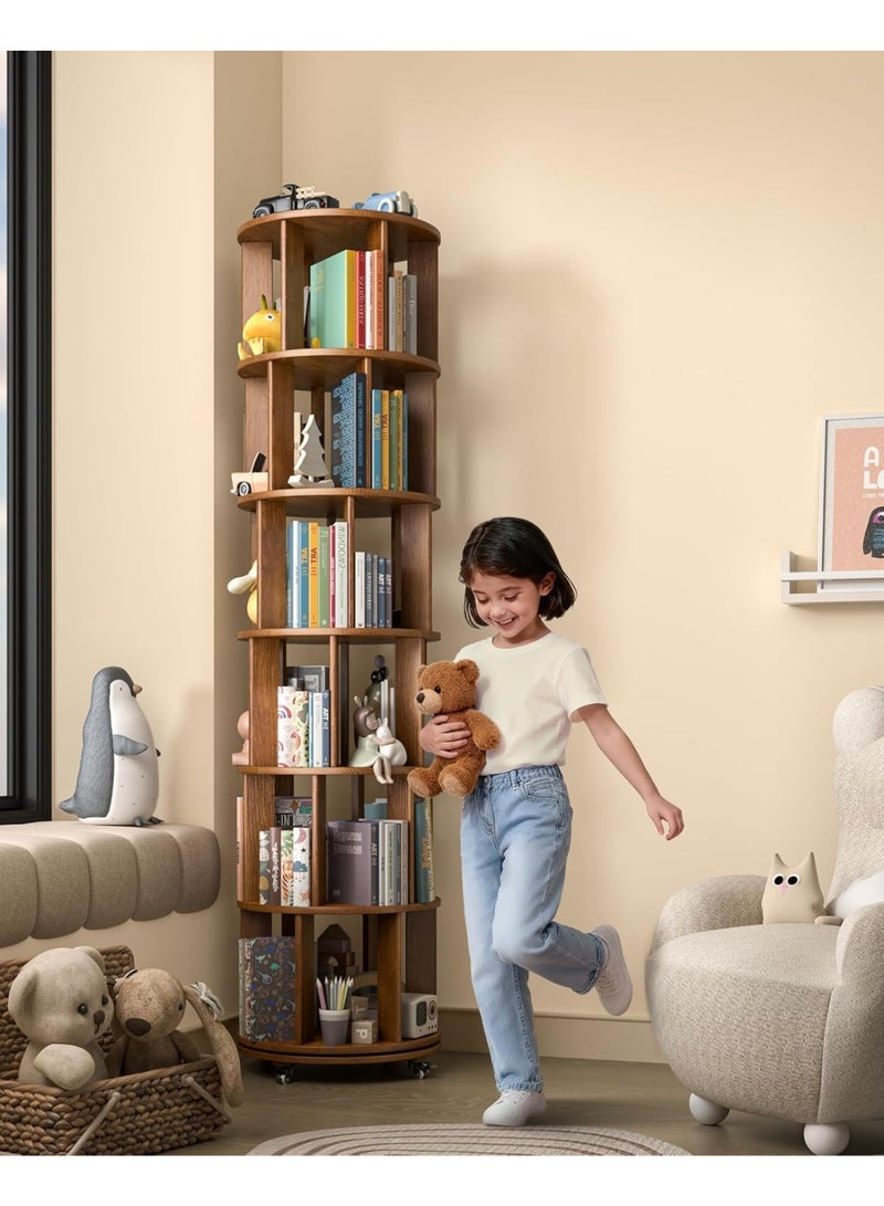 Chulovs 6-Tier Rotating Bookshelf with Wheels - 360° Spinning Tower, Round Revolving Bookcase for Small Spaces, Corners, Bedrooms, Kids Rooms & Offices, Walnut Finish - Image 4