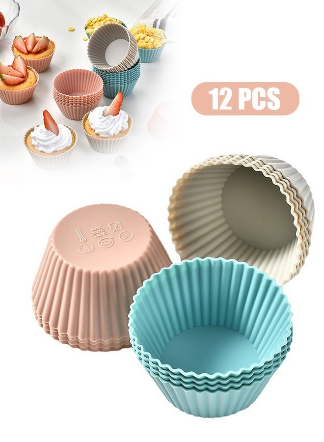 12 Pcs Silicone Cupcake Liners Reusable Baking Cups, Nonstick Easy Clean Pastry Muffin Molds, BPA Free Dishwasher Safe Pleated Paper Cup (Colorful) - Image 1