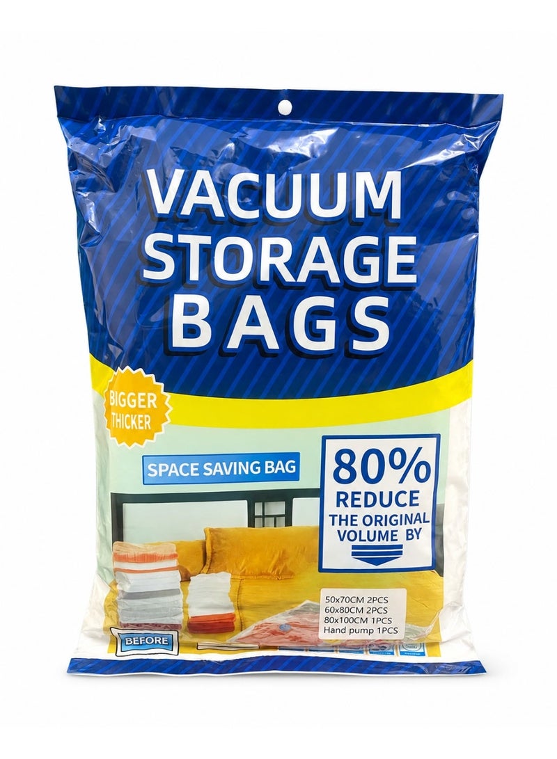 5 Piece Vacuum Storage Bags Set with Hand Pump, Space Saver Compression Bags for Clothes, Blankets & Bedding, Reusable Airtight Storage Bags, 80% Space Saving - Image 1