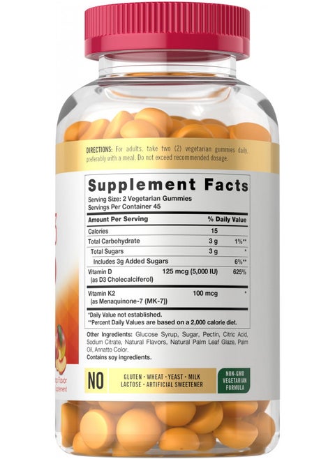 Carlyle Vitamin D3 K2 Gummies | 90 Count | 5,000 IU of D3 + 100 mcg MK7 | Vegetarian, Non-GMO, and Gluten Free Vitamin Supplement