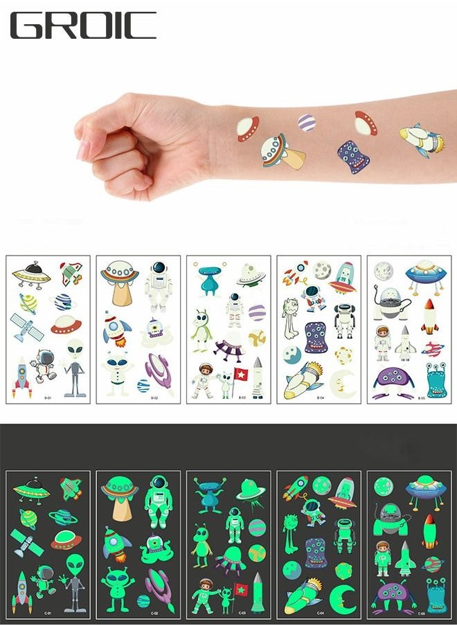 GROIC Luminous Temporary Tattoos for Kids,Waterproof Fake Tattoos Stickers with Space Theme for Boys and Girls,Birthday Party Decorations Supplies Favors  - Image 1