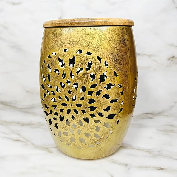 RSN RSN Metal Iron Garden Stool with Floral Cutwork Design Wooden Top Decorative Stool for HomeGold Size17 105 105 inches 