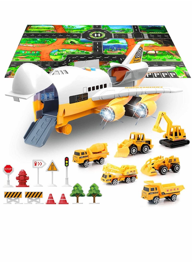 MIXDE Car Toys Set with Transport Cargo Airplane and Large Play Mat Mini Educational Vehicle Police Car Set for Kids Toddlers Boys Child Gift for 3 4 5 6 Years Old 6 Cars Large Plane 11 Road Signs  - Image 1