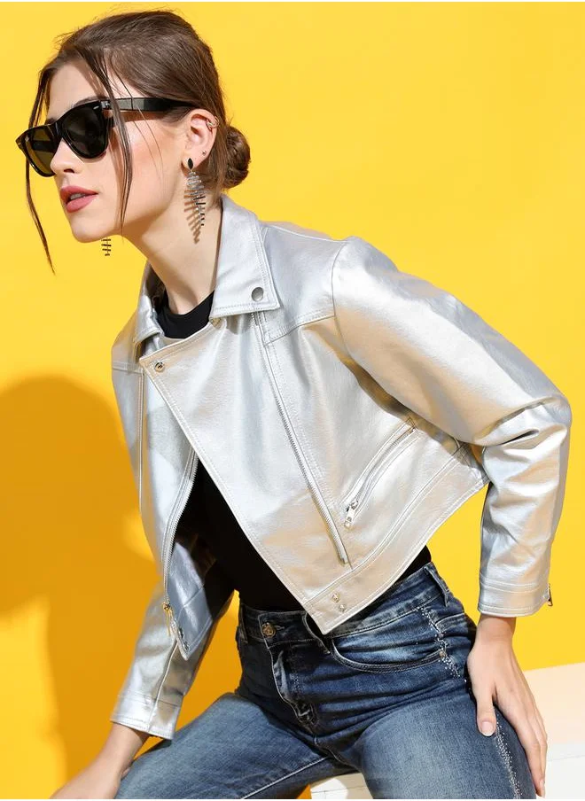 طوكيو توكيز Metallic Cropped Biker Jacket by Styli