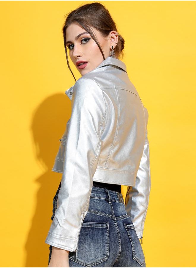 Tokyo Talkies Metallic Cropped Biker Jacket by Styli  - Image 3