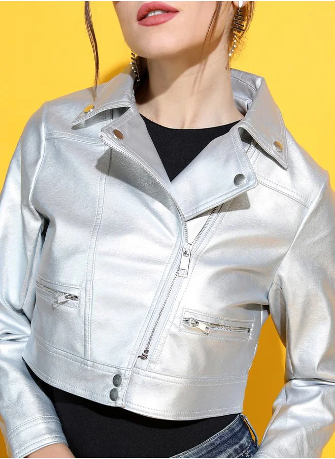 طوكيو توكيز Metallic Cropped Biker Jacket by Styli