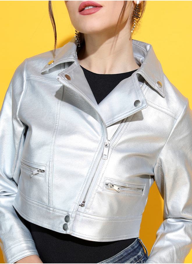 Tokyo Talkies Metallic Cropped Biker Jacket by Styli  - Image 4
