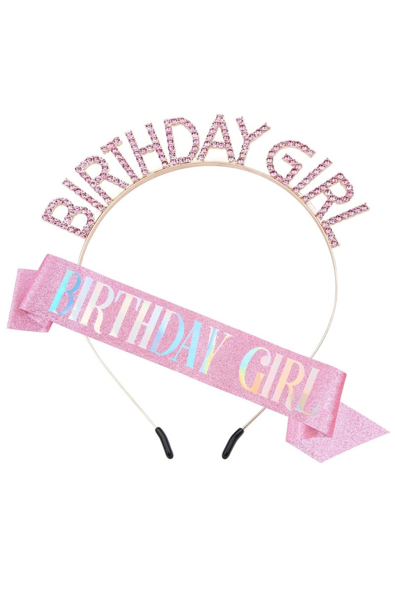 Birthday Girl Sash & Rhinestone Headband Set, Birthday Crowns for Girl, Rose Gold Glitter Birthday Sash Birthday Headband Gifts for Women Birthday Party Supplies  - Image 1