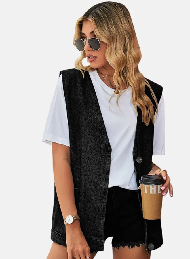 YUNIQEE Black Open front Sleeveless Denim Jacket