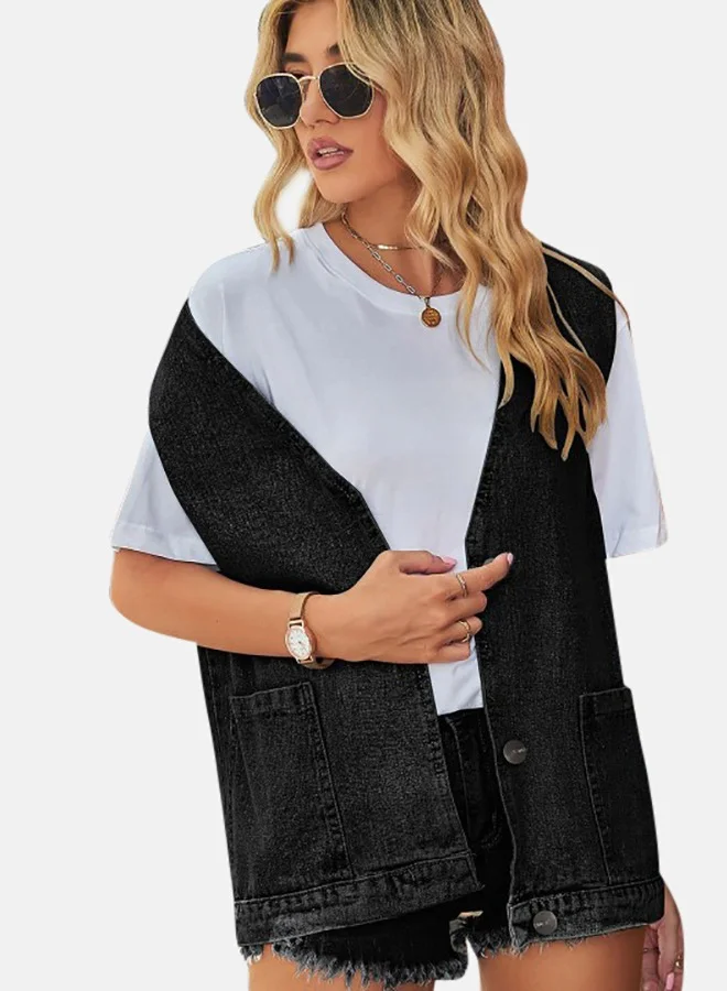 YUNIQEE Black Open front Sleeveless Denim Jacket