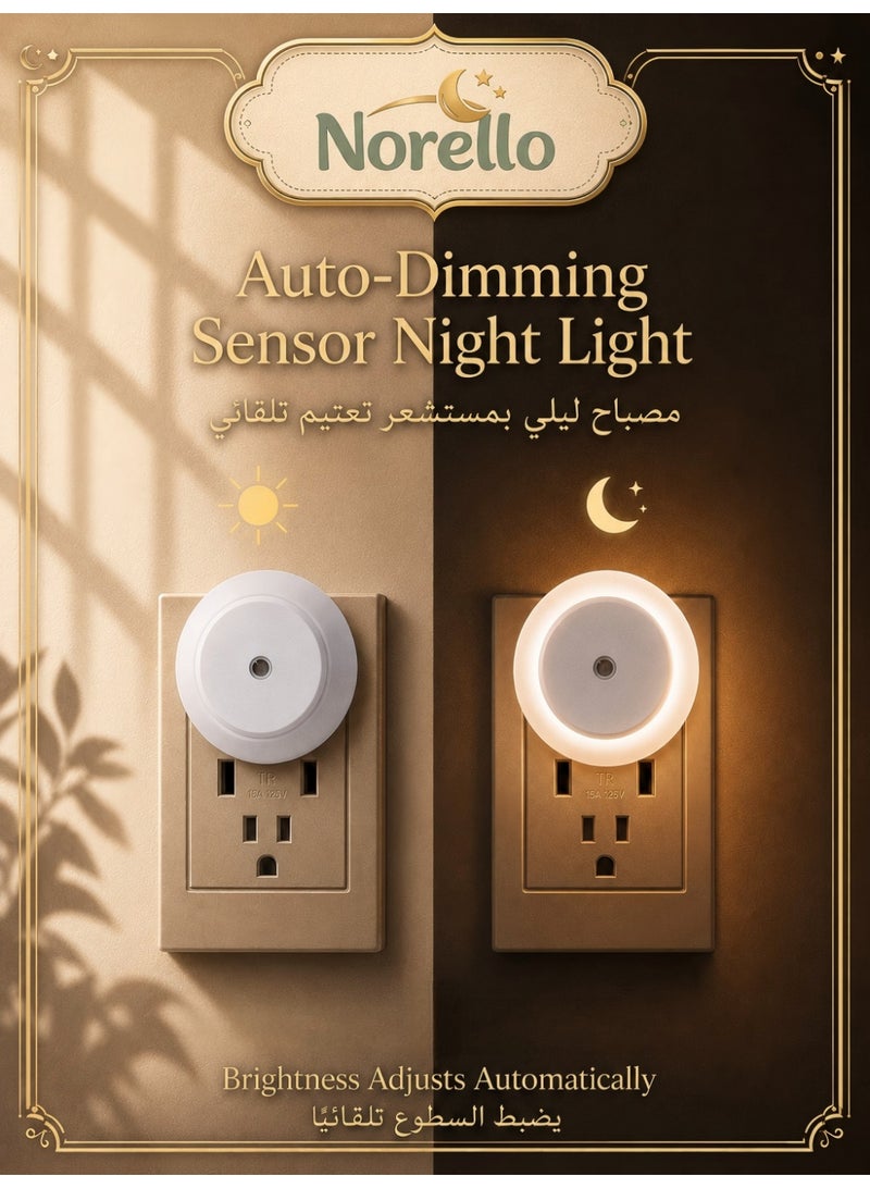 Norello 2-Pack LED Night Light Plug into Wall, Dusk to Dawn Light Sensor Wall Lamp, Auto On/Off Automatic Dimming Warm White Night Lights for Baby Nursery, Kids Bedroom, Bathroom, Hallway, Stairway, Kitchen - Image 1