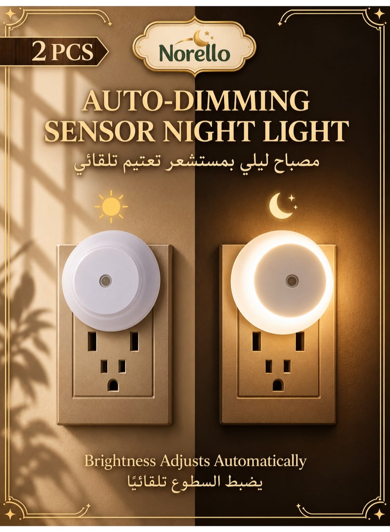 Norello 2-Pack LED Night Light Plug into Wall, Dusk to Dawn Light Sensor Wall Lamp, Auto On/Off Automatic Dimming Warm White Night Lights for Baby Nursery, Kids Bedroom, Bathroom, Hallway, Stairway, Kitchen - Image 1