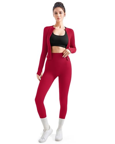SUUKSESS Women 2 Piece Seamless Ribbed Workout Sets Tracksuit With Zip Up Jacket High Waisted Gym Yoga Leggings (Red 1,XS) - Image 3