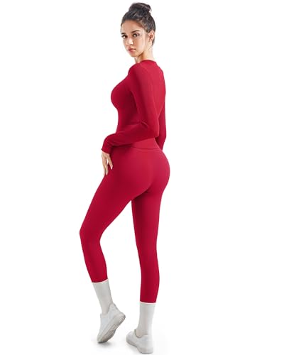 SUUKSESS Women 2 Piece Seamless Ribbed Workout Sets Tracksuit With Zip Up Jacket High Waisted Gym Yoga Leggings (Red 1,XS) - Image 5