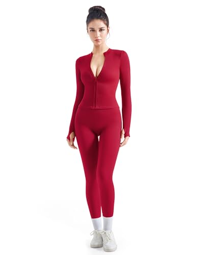 SUUKSESS Women 2 Piece Seamless Ribbed Workout Sets Tracksuit With Zip Up Jacket High Waisted Gym Yoga Leggings (Red 1,XS) - Image 1