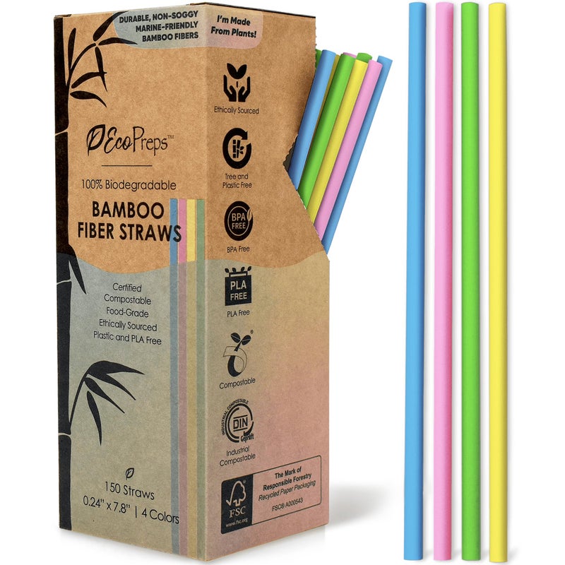 EcoPreps Colorful Biodegradable Bamboo Fiber Straws | 150 Count  100% Compostable  Plastic-Free  Eco-Friendly Drinking Straws for Parties | 7.8'' Plant Fiber Disposable Straw  Multi-Color Straw Set - Image 1