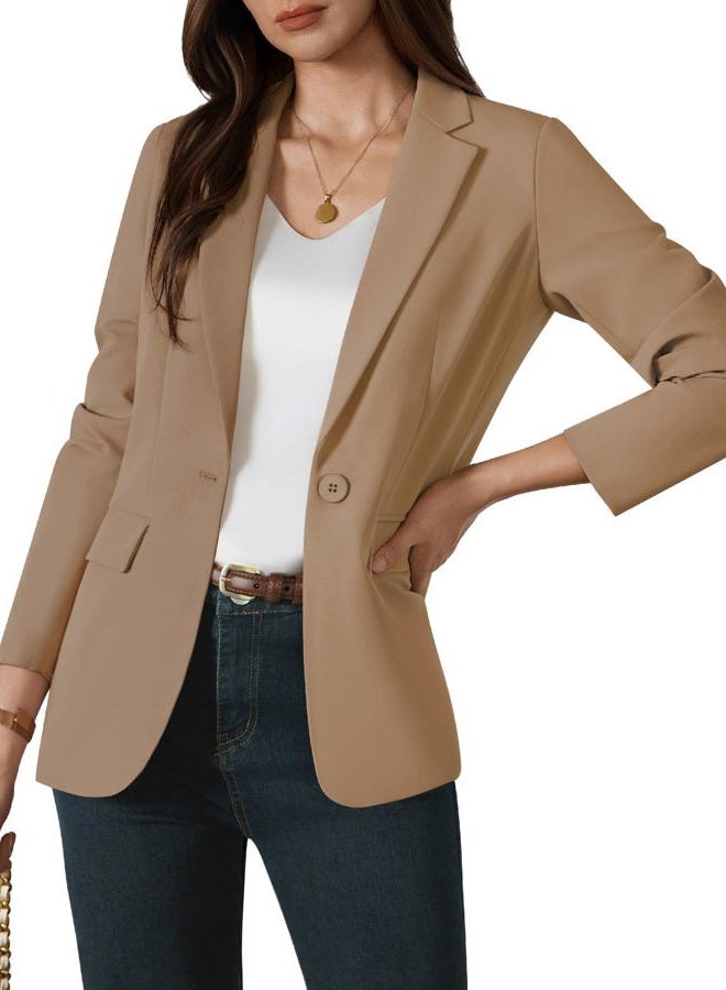 Kelyaa Womens One Button Blazer Casual Open Front Long Sleeve Suit Jackets Business Work Office Blazers, Dark Khaki, L - Image 2