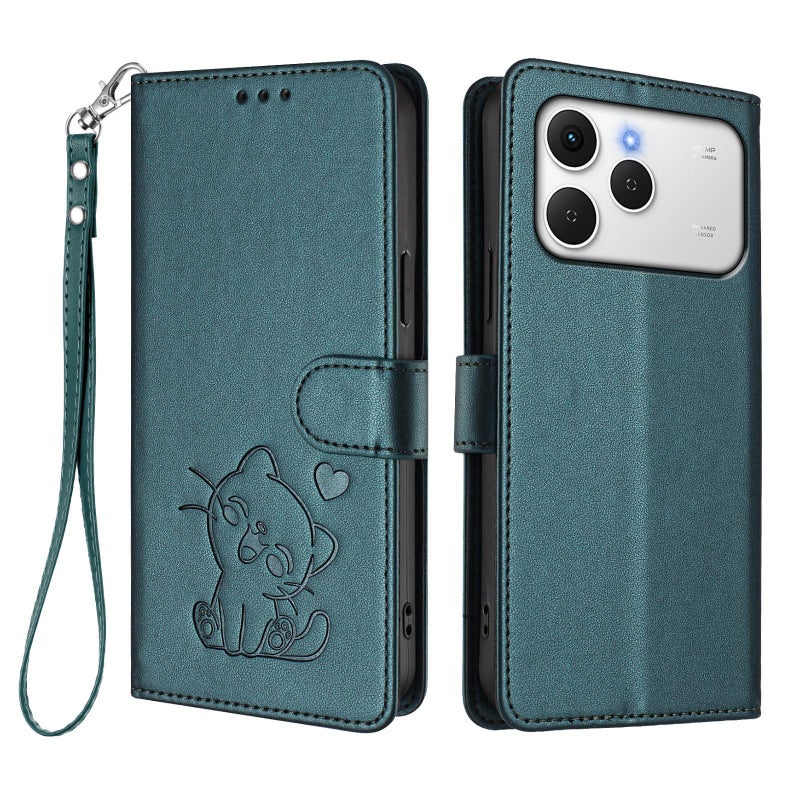 erorex For Tecno Spark 40 4G Embossed  Cat Leather Phone Case with Hand Strap(Dark Green) - Image 2