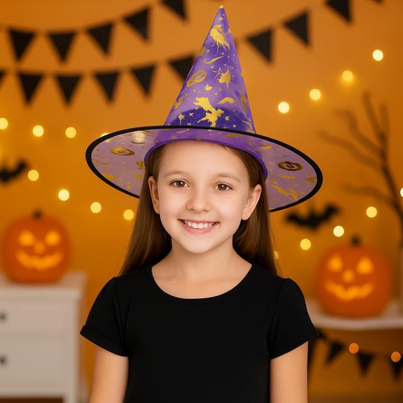 YUPPIN Purple Witch Hat with Golden Print – Halloween Costume Accessory for Kids & Adults Fancy Dress Parties - Image 3
