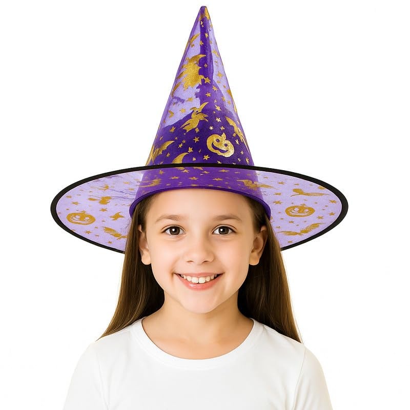 YUPPIN Purple Witch Hat with Golden Print – Halloween Costume Accessory for Kids & Adults Fancy Dress Parties - Image 1