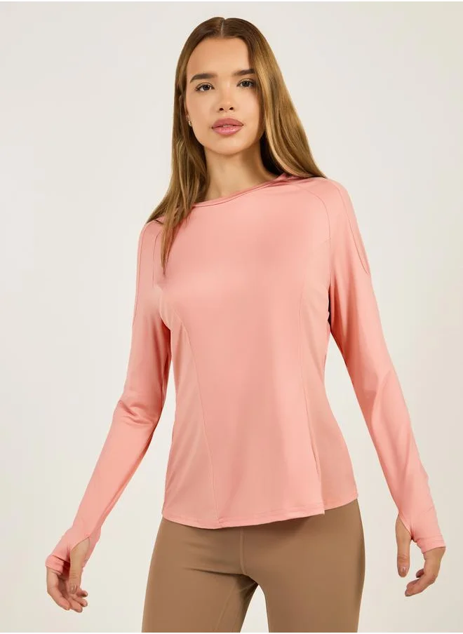 Styli Panelled Mesh Insert Thumbhole Detail Long Sleeves Top