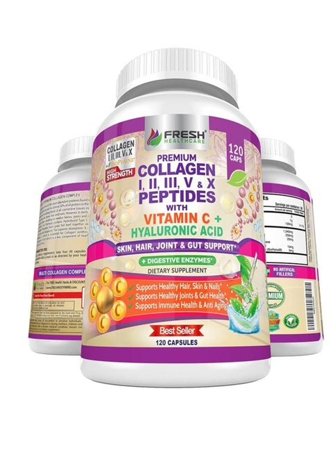 Multi Collagen Pills with Type I, II, III, V  X Peptides with Vitamin C, Hyaluronic Acid Supports Healthy Hair, Skin, Nails and Joints - 120 Kosher Capsules