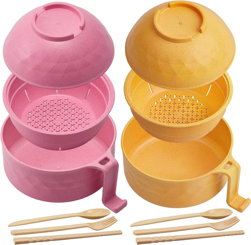 Romooa 2 Sets Microwave Ramen Bowl 33 oz Wheat Fiber Portable Instant Noodle Cooker Bowl with Handles Strainer Spoon Chopstick Fork College Dorm Room Apartment EssentialsPinkYellow - Image 1
