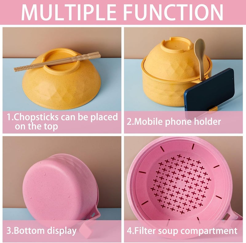 Romooa 2 Sets Microwave Ramen Bowl 33 oz Wheat Fiber Portable Instant Noodle Cooker Bowl with Handles Strainer Spoon Chopstick Fork College Dorm Room Apartment EssentialsPinkYellow - Image 3