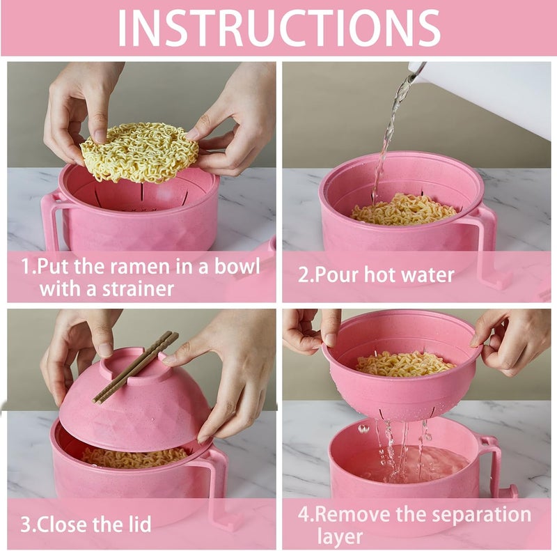Romooa 2 Sets Microwave Ramen Bowl 33 oz Wheat Fiber Portable Instant Noodle Cooker Bowl with Handles Strainer Spoon Chopstick Fork College Dorm Room Apartment EssentialsPinkYellow - Image 4