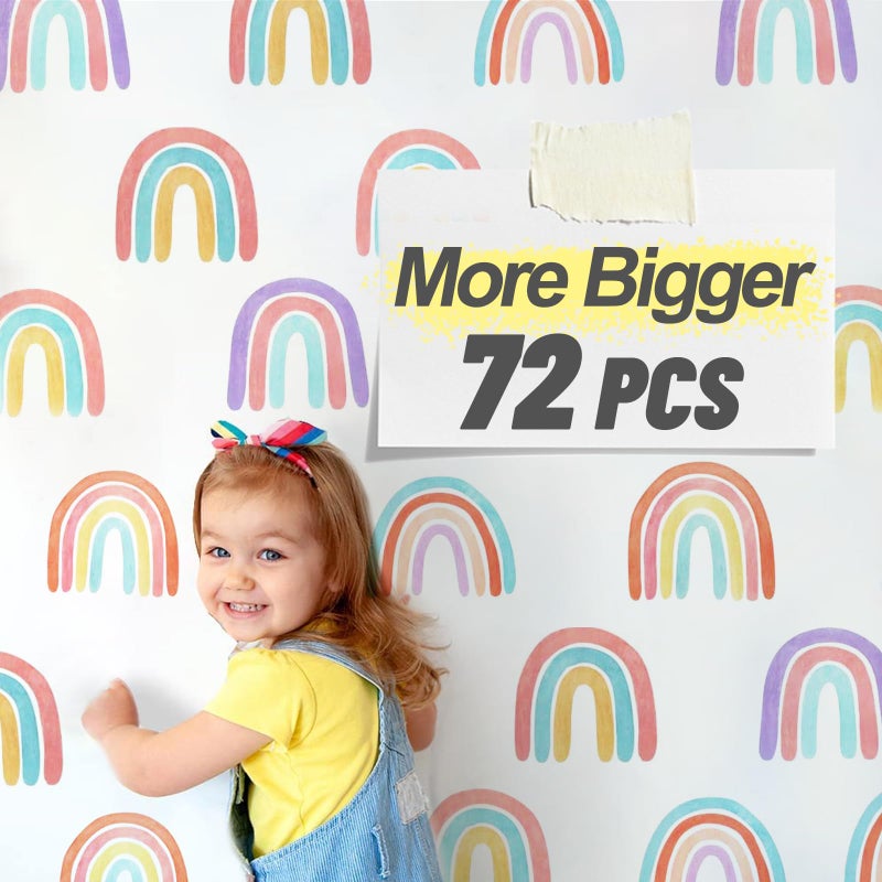 Watercolor Rainbow Wall Decals for Girls Bedroom 72 Pcs Rainbow Stickers Bigger Size for Wall Mural Vinyl Peel and Stick DIY Decorations 12 Sheets