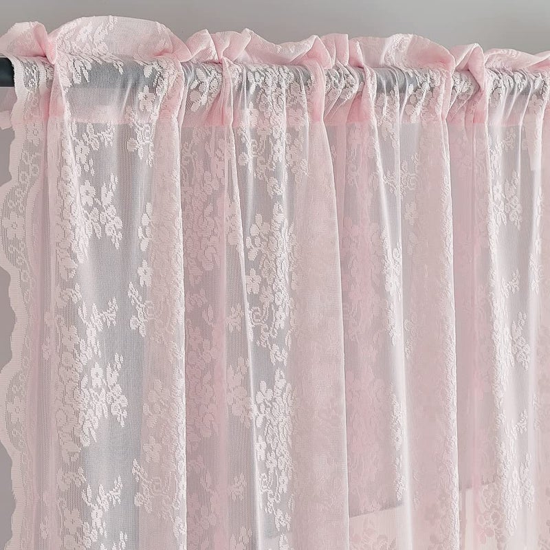 YJ YANJUN Vintage Lace Curtains 63 Inches Length- Cute Sheer Pink Curtains for Girls Bedroom Light Pink Floral Short Window Drapes Princess Girls Room Coquette Decor 2 Panels 52 x63 Inch - Image 3
