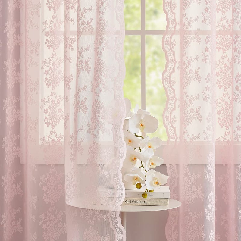 YJ YANJUN Vintage Lace Curtains 63 Inches Length- Cute Sheer Pink Curtains for Girls Bedroom Light Pink Floral Short Window Drapes Princess Girls Room Coquette Decor 2 Panels 52 x63 Inch - Image 2